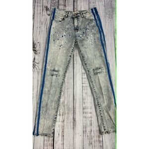 Blind Trust Mens Acid Wash Blue Stripe Paint Splatter Slim Jeans W34 L32